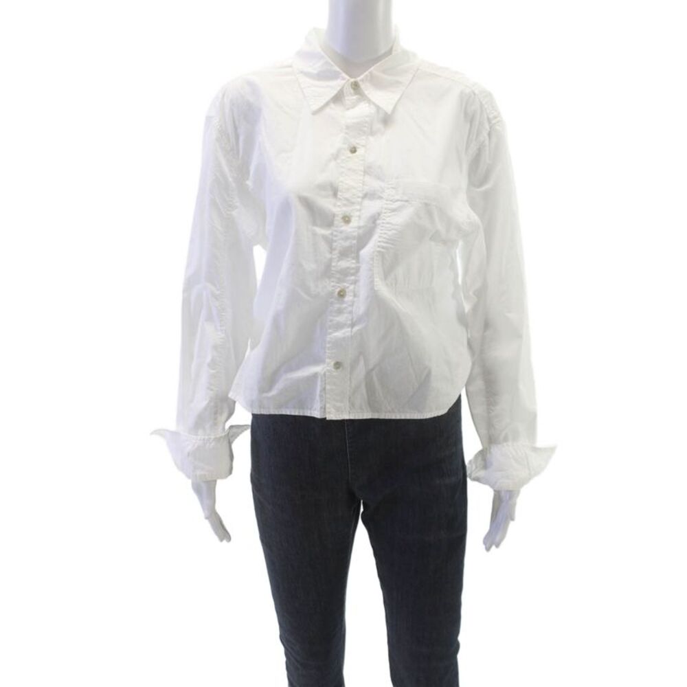 Amo Women Basic Button Up Long Sleeve Collared Pima Cotton White Size S